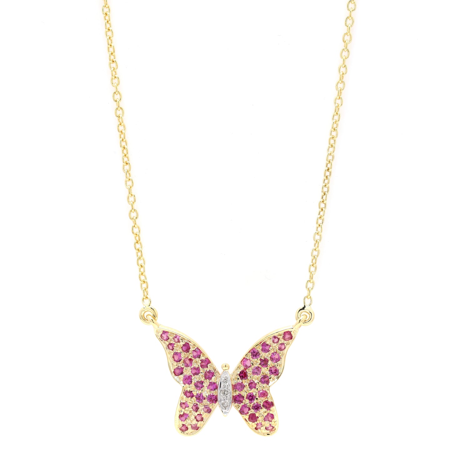 Yellow Gold Pop Ruby Studded Butterfly Pendant Necklace