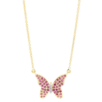 Yellow Gold Pop Ruby Studded Butterfly Pendant Necklace