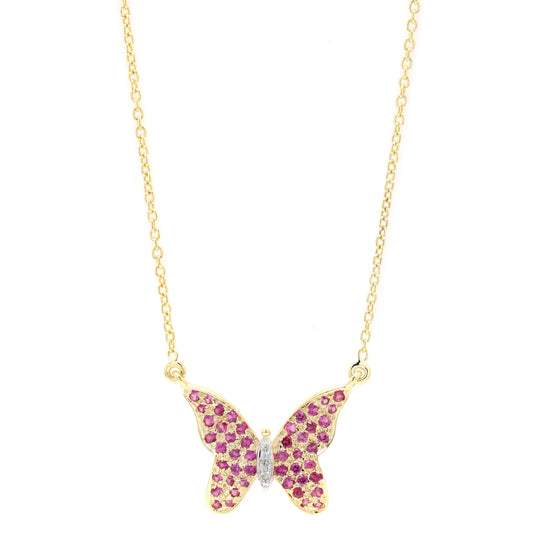 Yellow Gold Pop Ruby Studded Butterfly Pendant Necklace