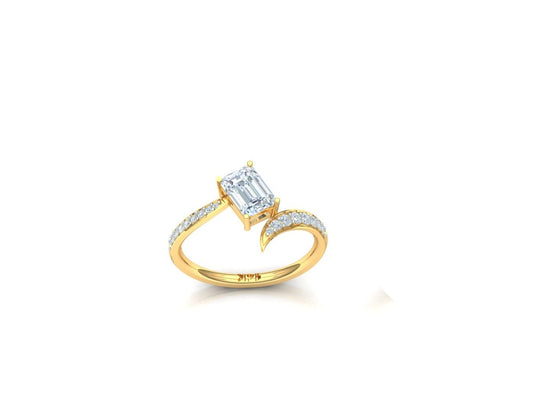 Gold ring with a large diamond on a white background