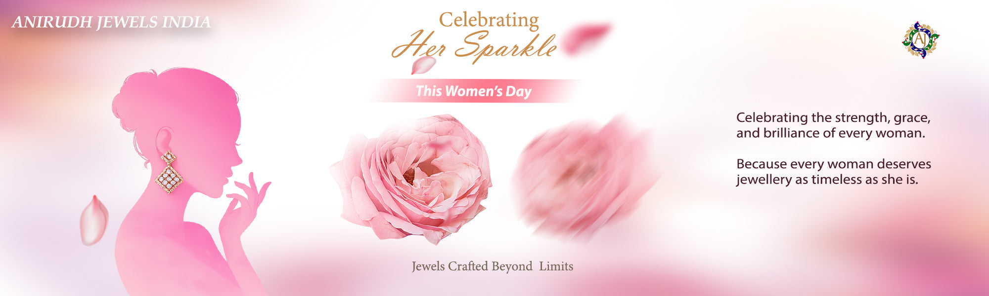 Promotional banner for Aniruddh Jewels featuring a woman's silhouette, roses, and text celebrating Women's Day.