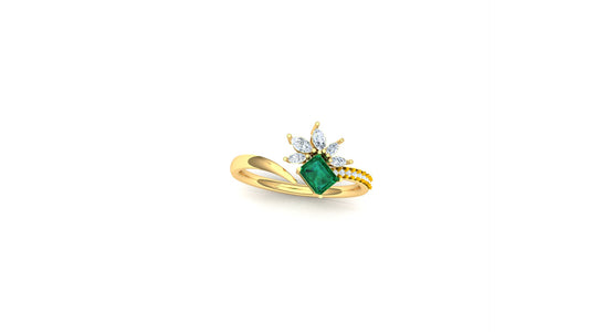 Yellow Gold Emerald CVD and Diamond Flower Cluster Ring