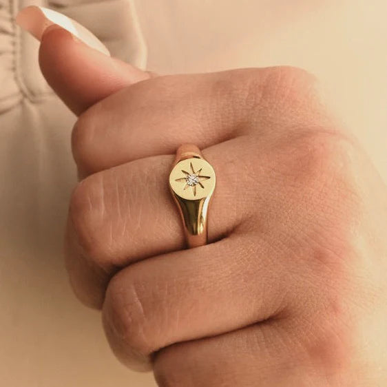 Yellow Gold Compass Rose Diamond Signet Ring