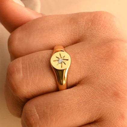 Yellow Gold Compass Rose Diamond Signet Ring