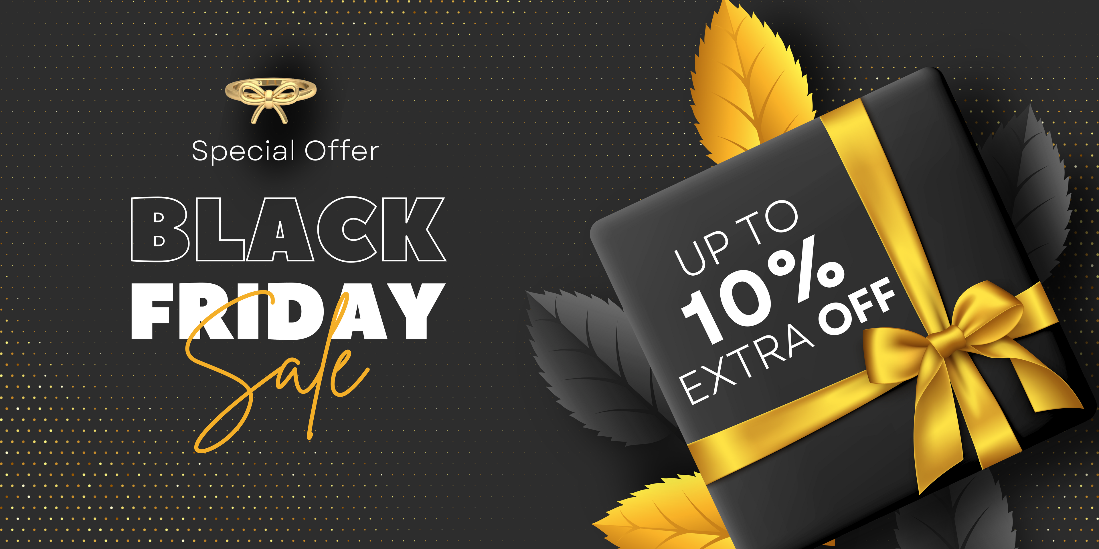 Black Friday sale advertisement with a black gift box and yellow ribbon on a dark background.