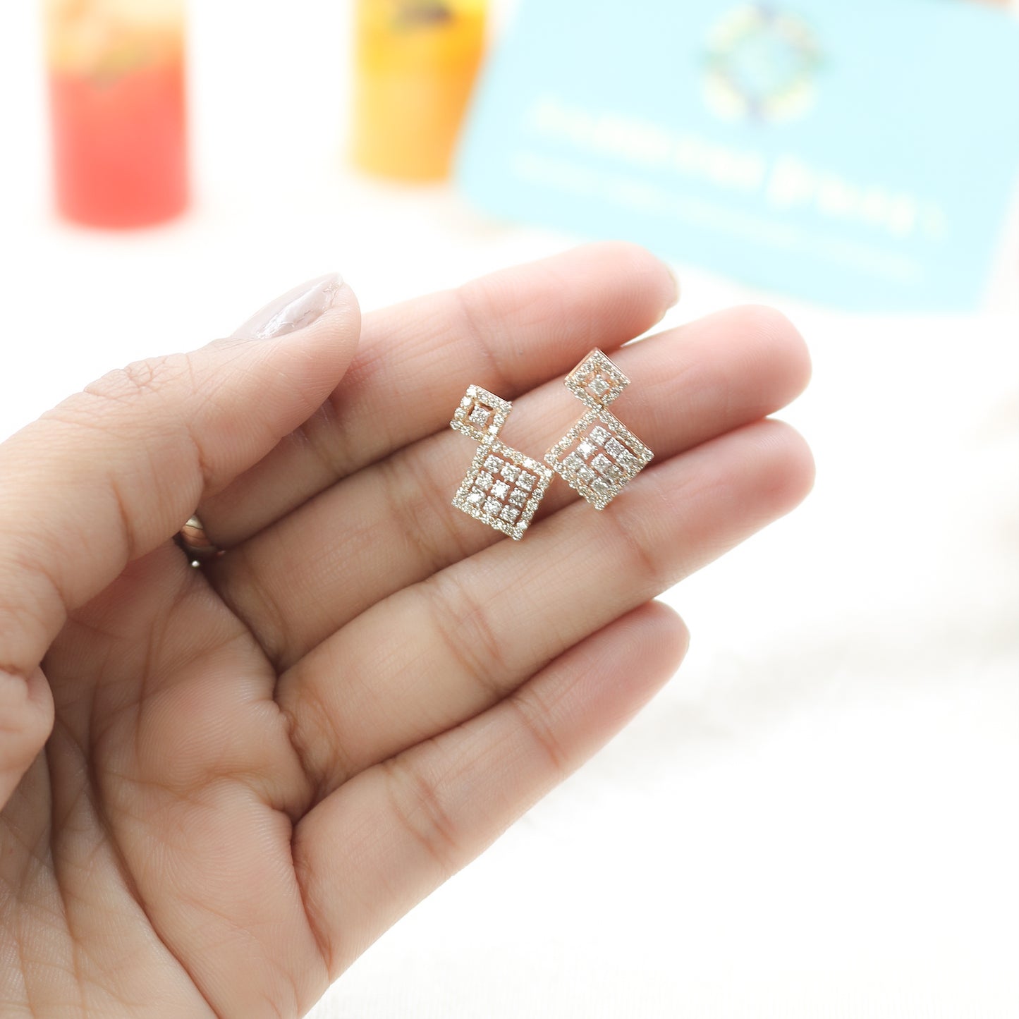 Diamond Geometric Drop Stud Earrings