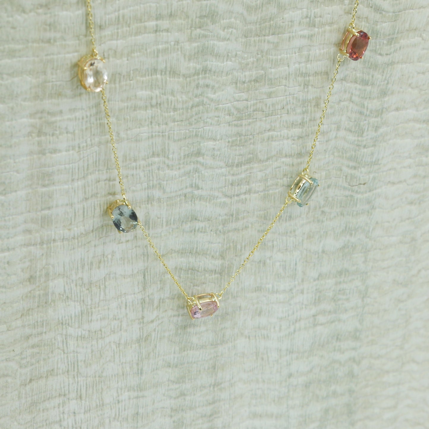 Rainbow Tourmaline Gemstone Station Necklace in 14K Gold