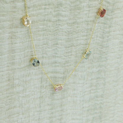 Rainbow Tourmaline Gemstone Station Necklace in 14K Gold