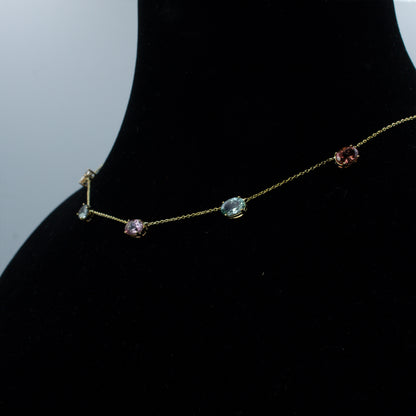 Rainbow Tourmaline Gemstone Station Necklace in 14K Gold