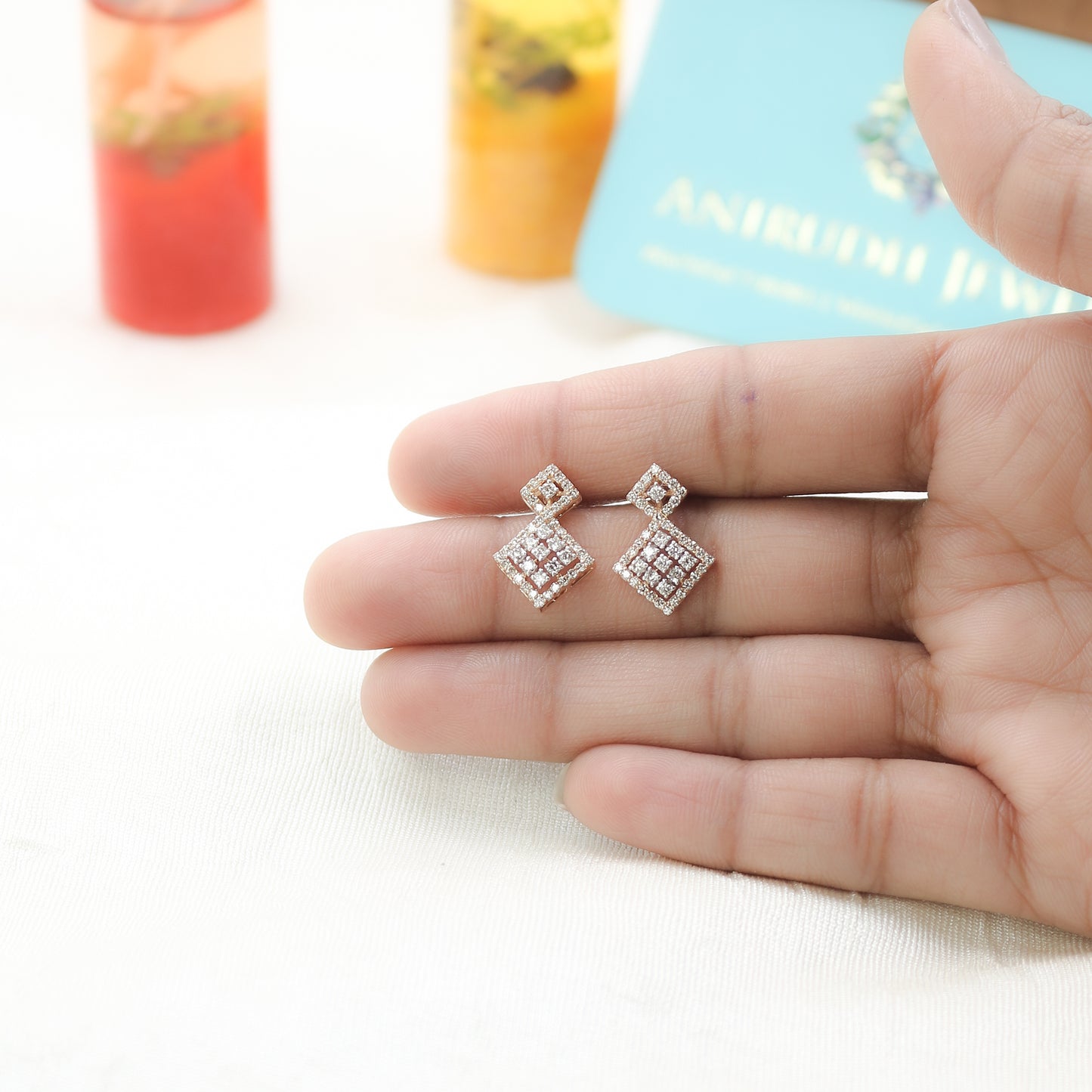 Diamond Geometric Drop Stud Earrings