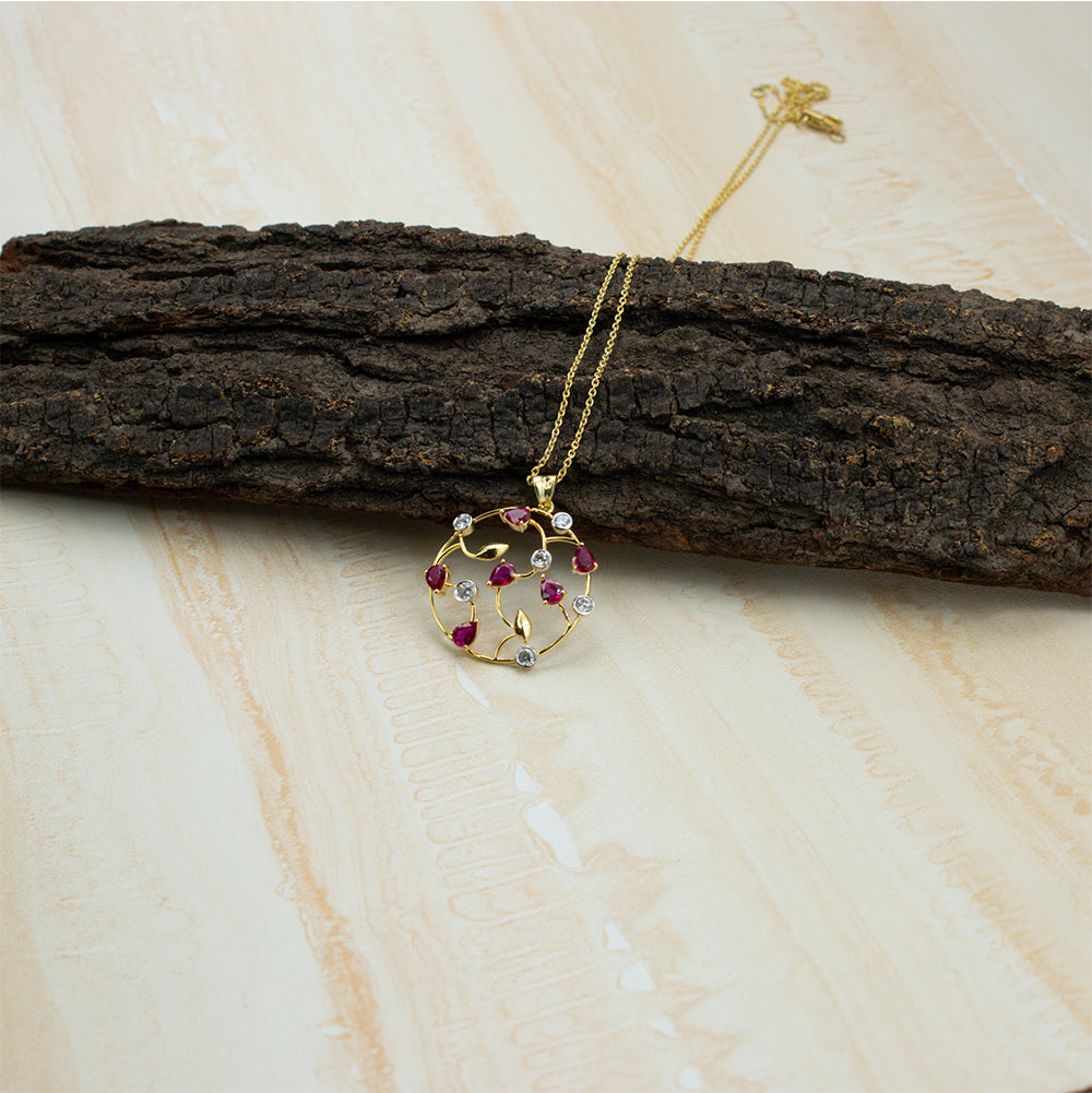 Ruby and Diamond Floral Necklace in 14K Gold | Elegant Handmade Gemstone Necklace