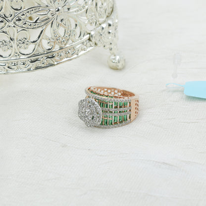 Diamond & Green Colorstone Wide Band Statement Ring