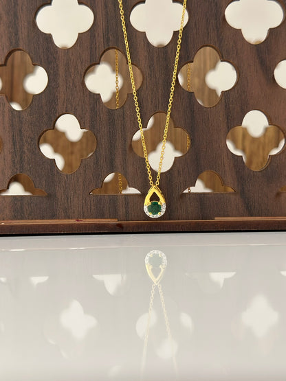 Emerald With Diamond Tear Drop Pendant Necklace