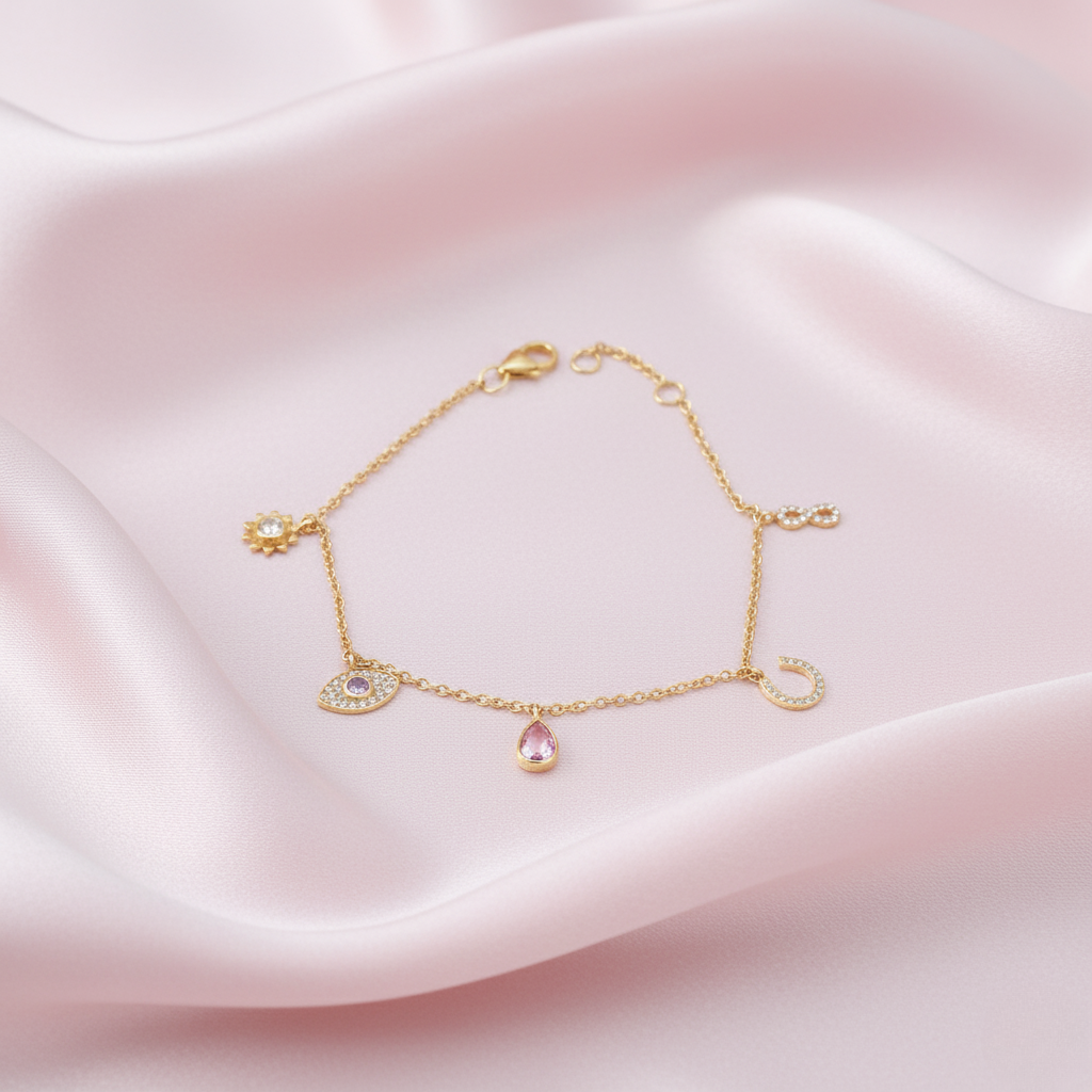 Elegant Ruby & Diamond Charm Gold Bracelet