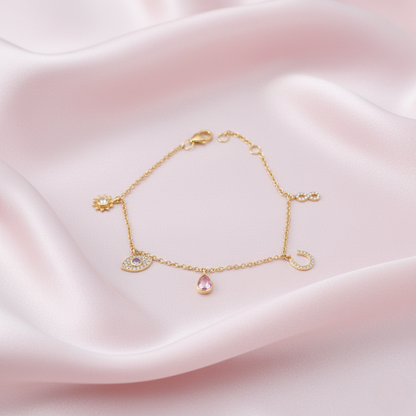 Elegant Ruby & Diamond Charm Gold Bracelet
