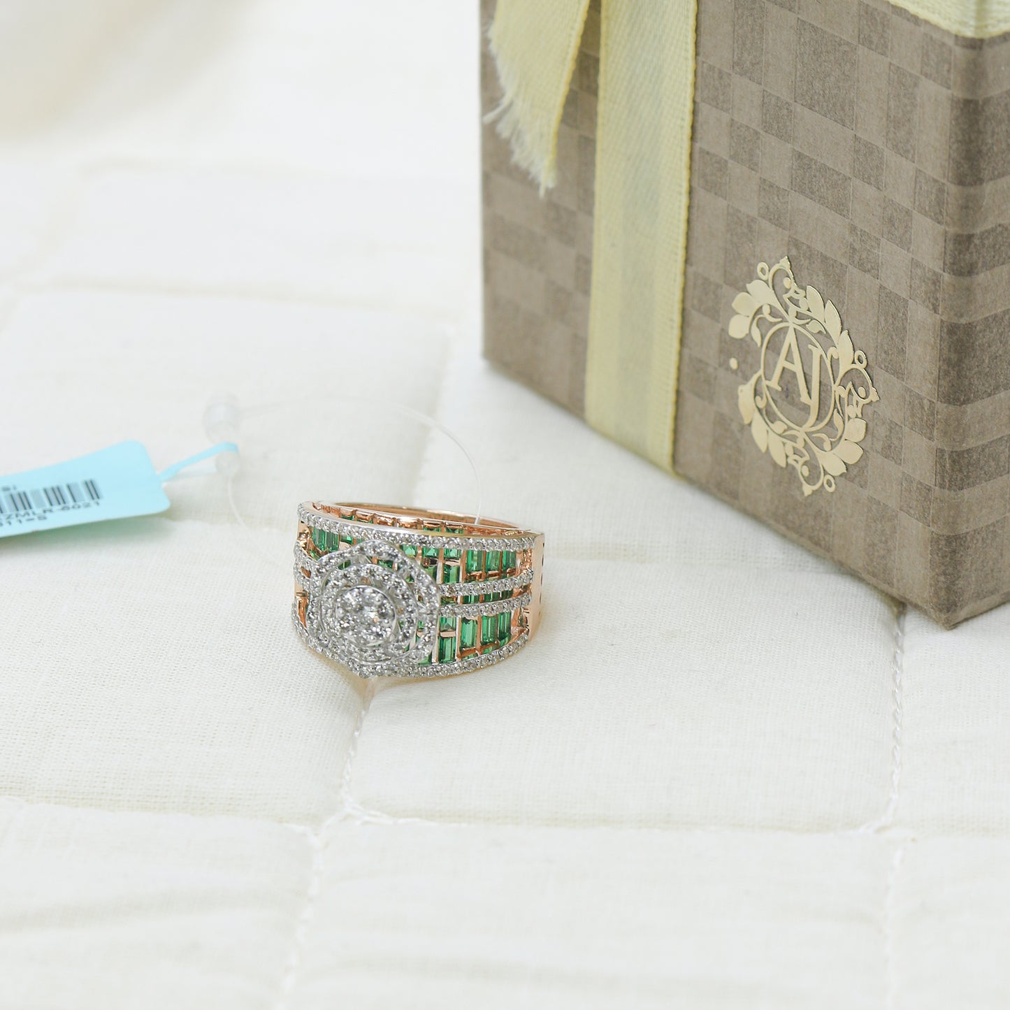 Diamond & Green Colorstone Wide Band Statement Ring
