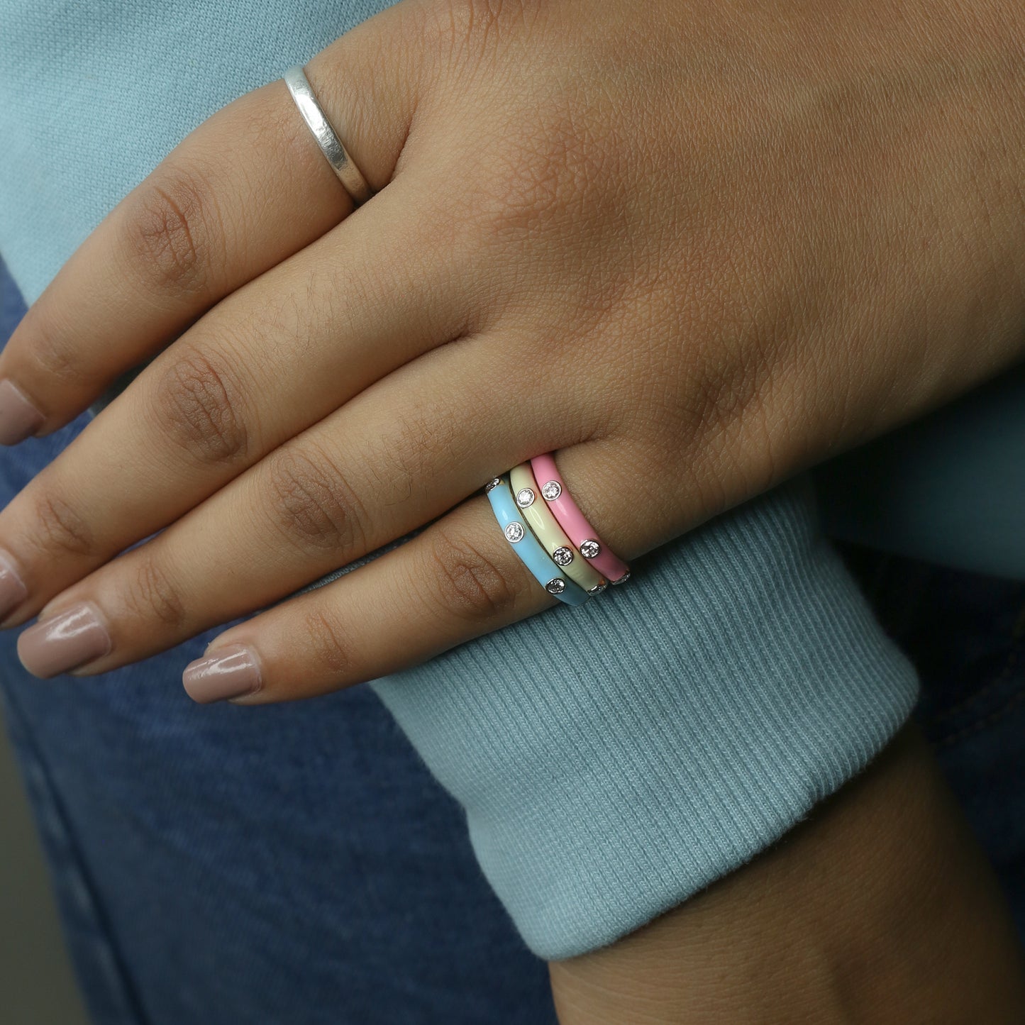 CVD Diamond Cream Enamel Gold Band Ring