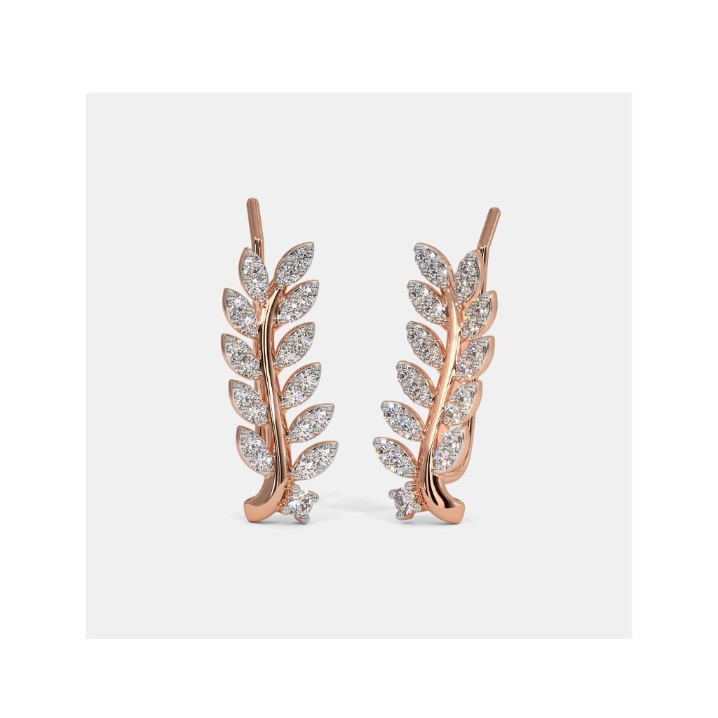 Rose gold leaf-shaped earrings with clear gemstones on a white background
