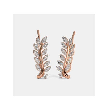 Rose gold leaf-shaped earrings with clear gemstones on a white background