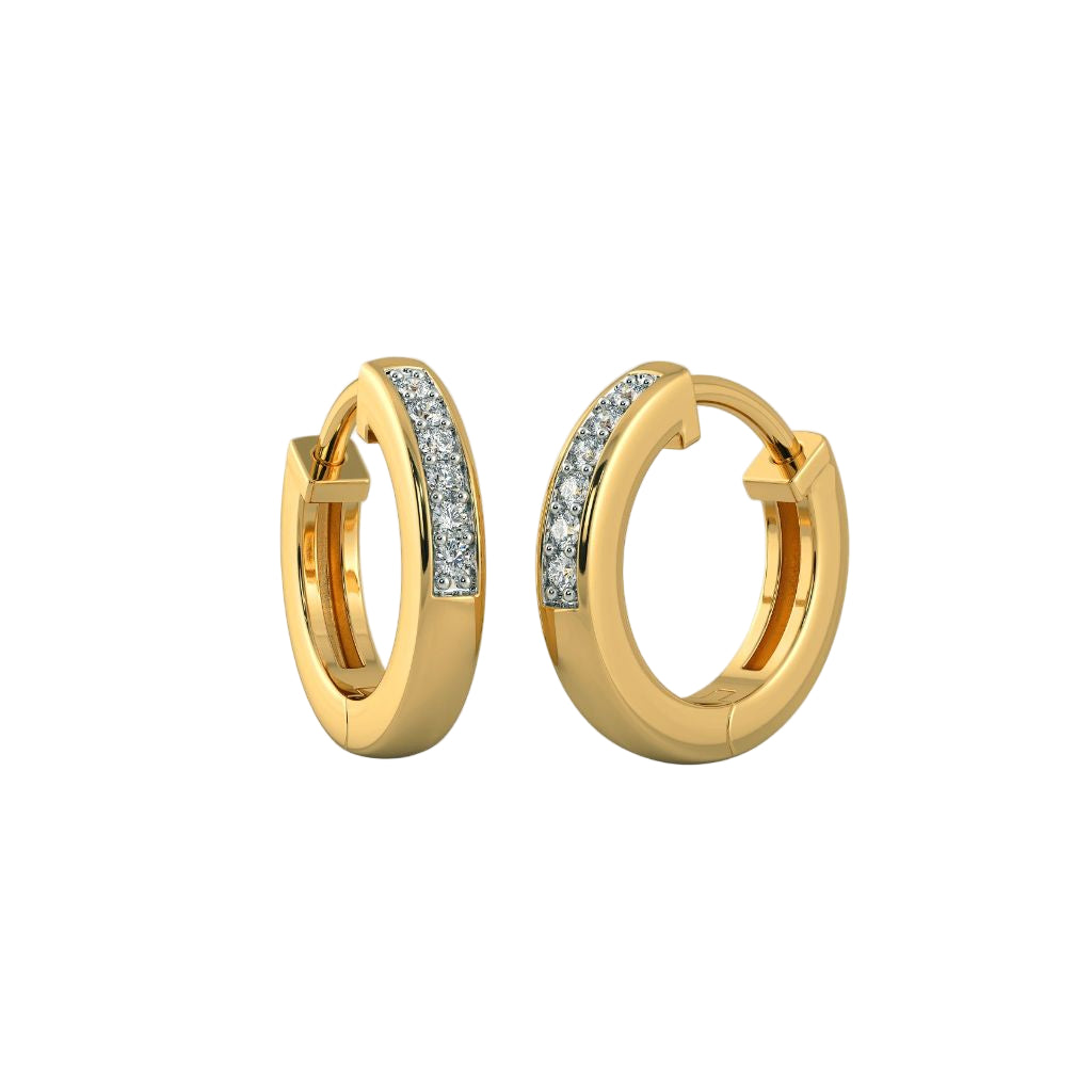 Gold hoop earrings with embedded diamonds on a light gray background
