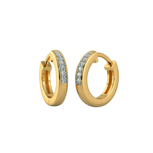 Gold hoop earrings with embedded diamonds on a light gray background