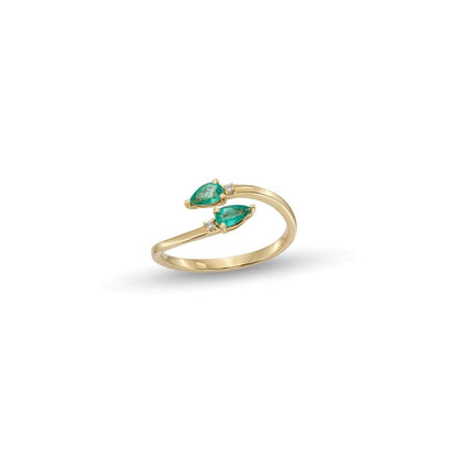 14K Gold Pear-Shaped Emerald With Diamond Bypass Ring