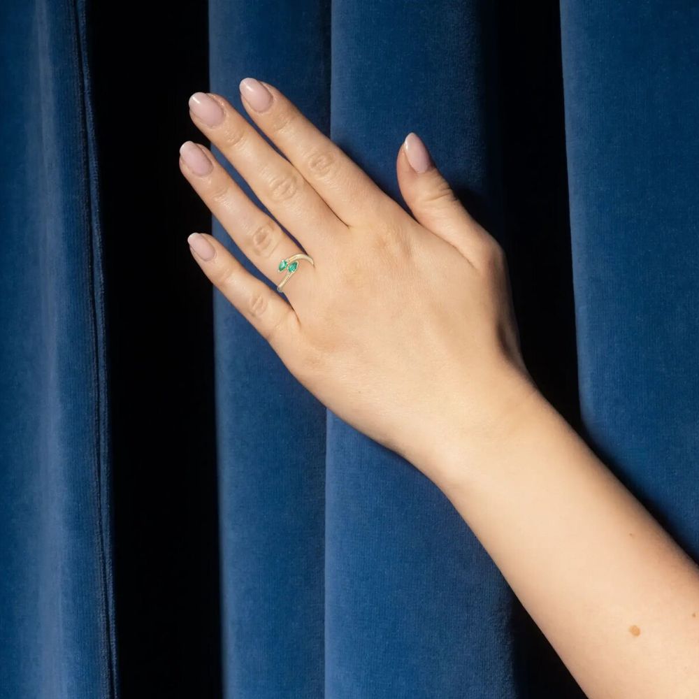 14K Gold Pear-Shaped Emerald With Diamond Bypass Ring