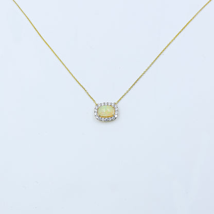 Yellow Gold Opal and Diamond Halo Pendant with Chain
