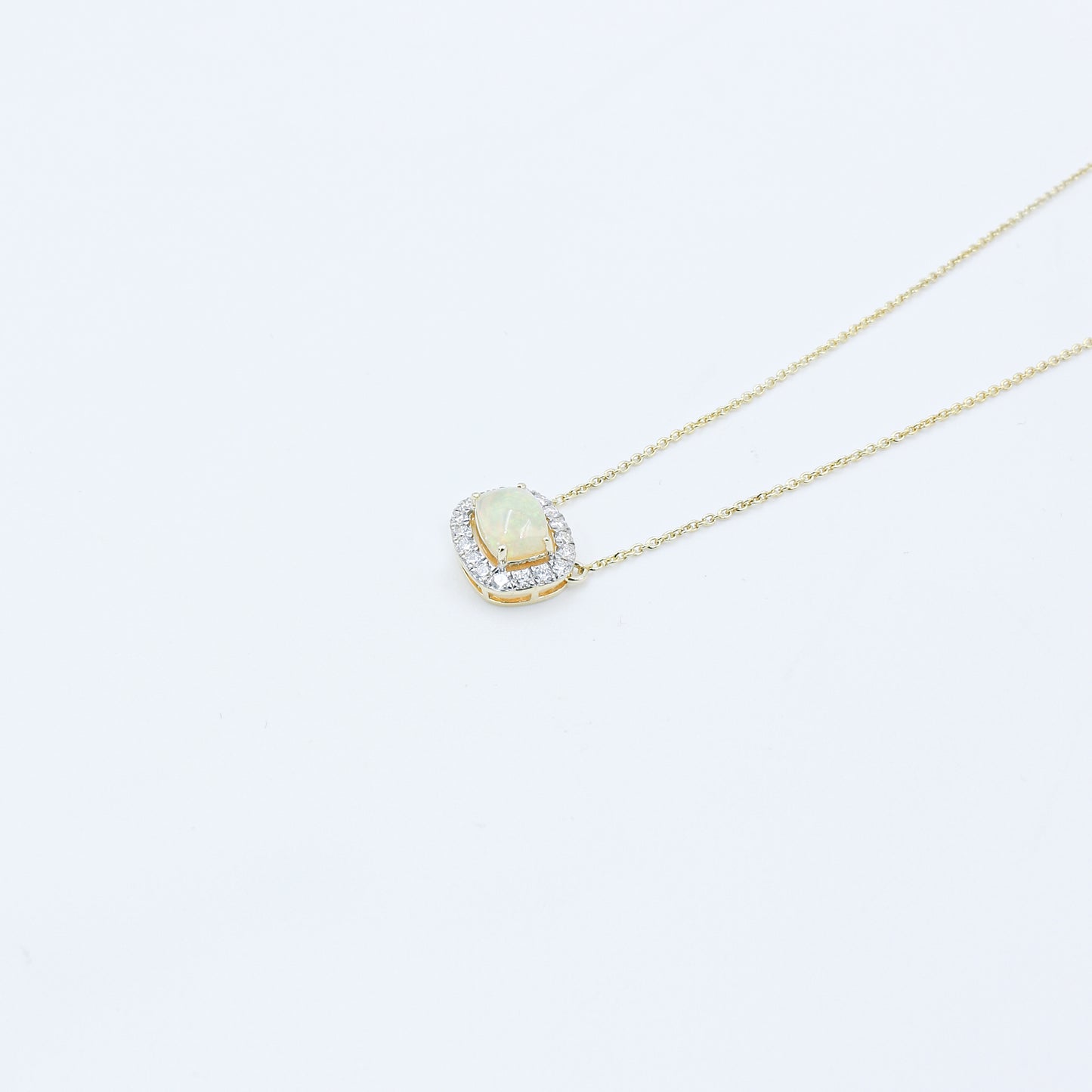 Yellow Gold Opal and Diamond Halo Pendant with Chain
