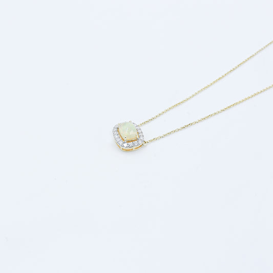 Yellow Gold Opal and Diamond Halo Pendant with Chain