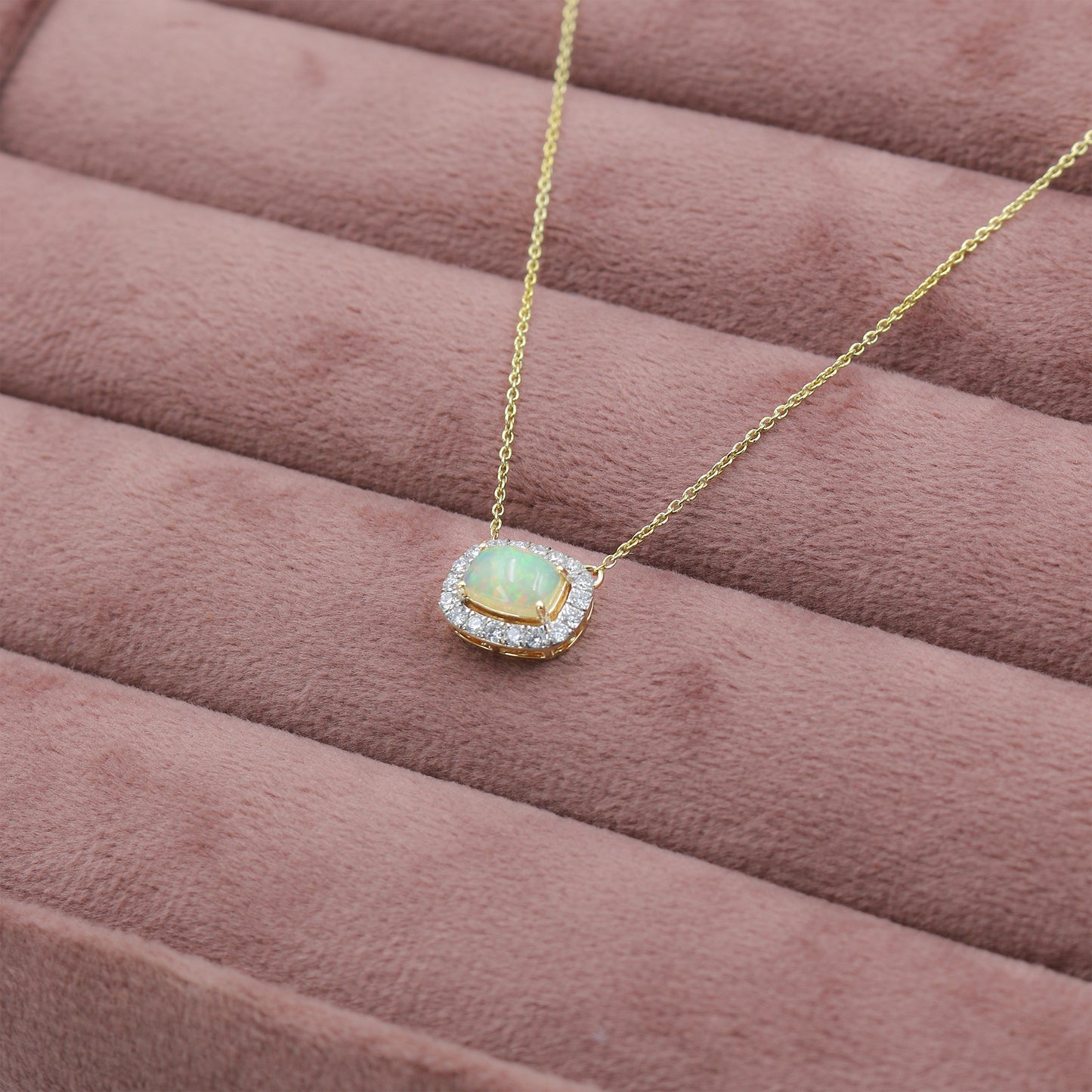 Yellow Gold Opal and Diamond Halo Pendant with Chain
