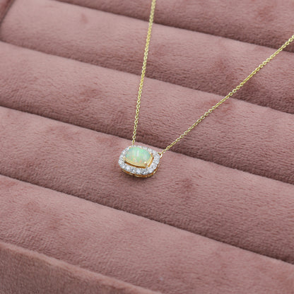 Yellow Gold Opal and Diamond Halo Pendant with Chain