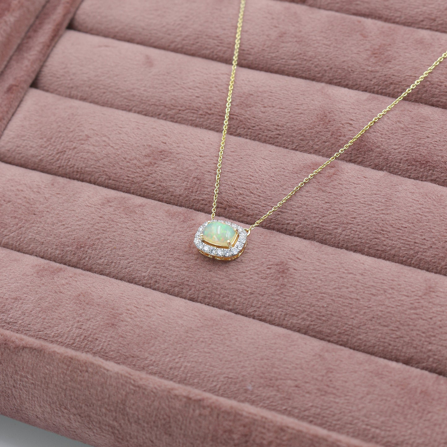 Yellow Gold Opal and Diamond Halo Pendant with Chain