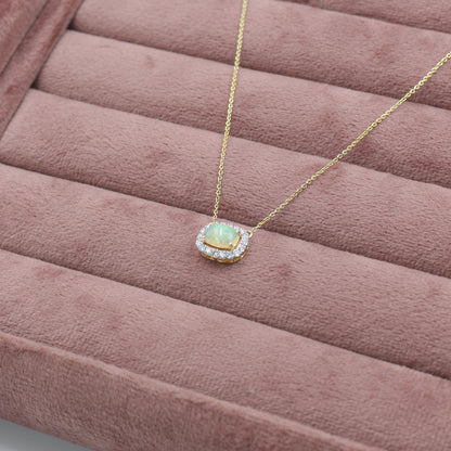 Yellow Gold Opal and Diamond Halo Pendant with Chain
