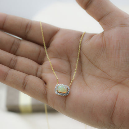 Yellow Gold Opal and Diamond Halo Pendant with Chain