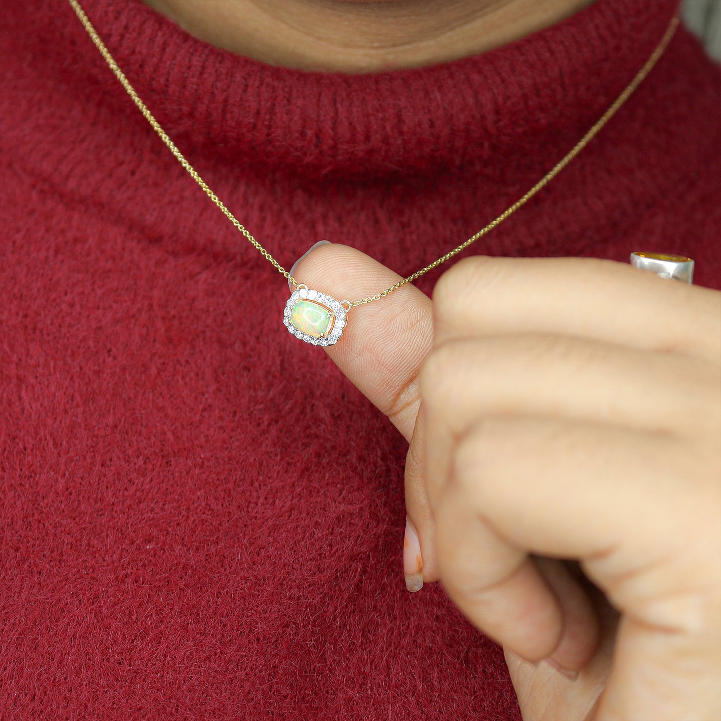 Yellow Gold Opal and Diamond Halo Pendant with Chain