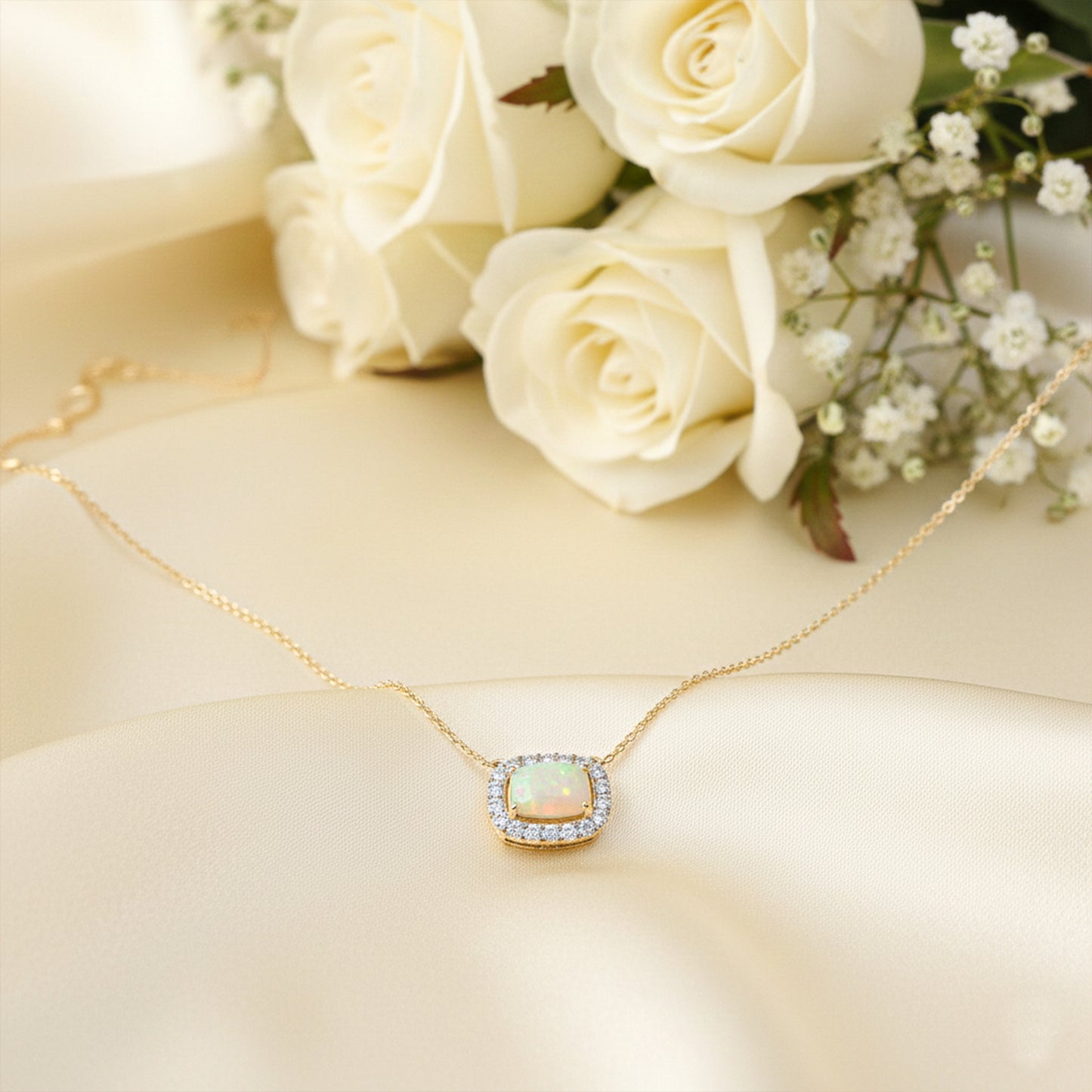 Yellow Gold Opal and Diamond Halo Pendant with Chain
