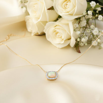 Yellow Gold Opal and Diamond Halo Pendant with Chain