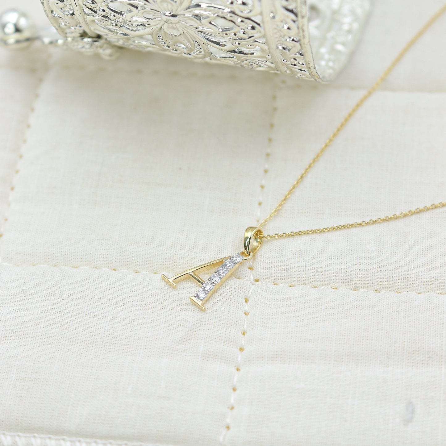 Yellow Gold Initial 'ALPHABET' Diamond Pendant with Chain