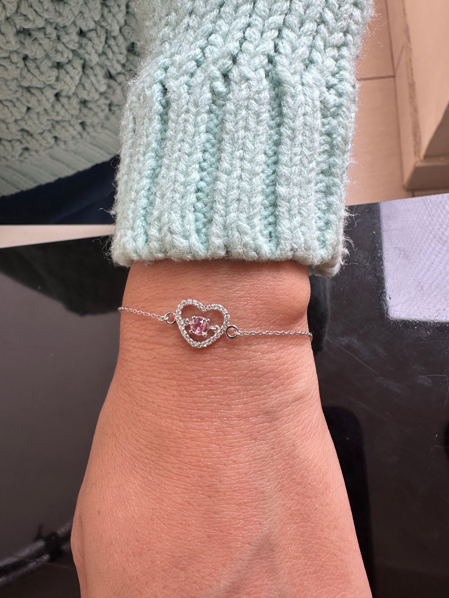 Dainty Diamond & Sapphire Love Heart Charm Bracelet
