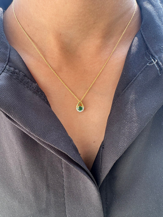 Emerald With Diamond Tear Drop Pendant Necklace
