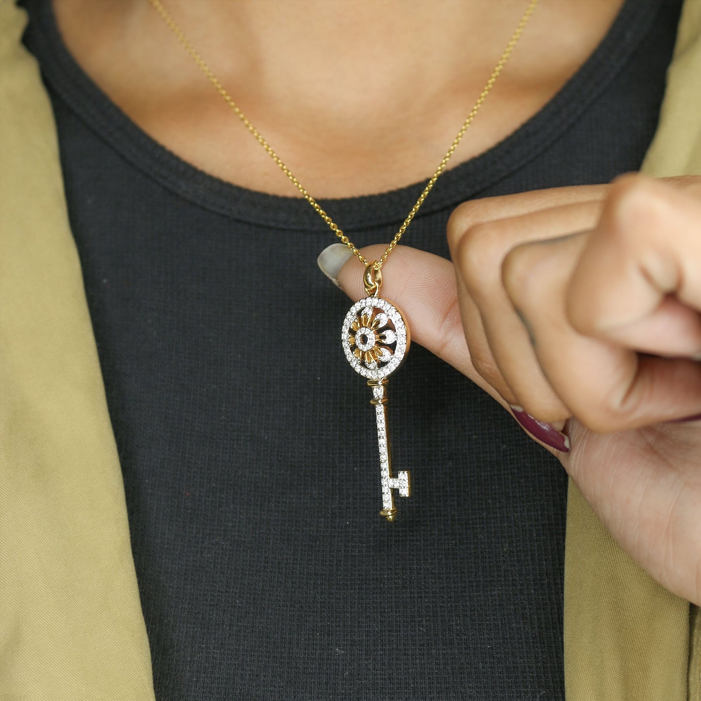 Yellow Gold Pave Diamond Long Key Pendant with Chain