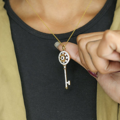 Yellow Gold Pave Diamond Long Key Pendant with Chain