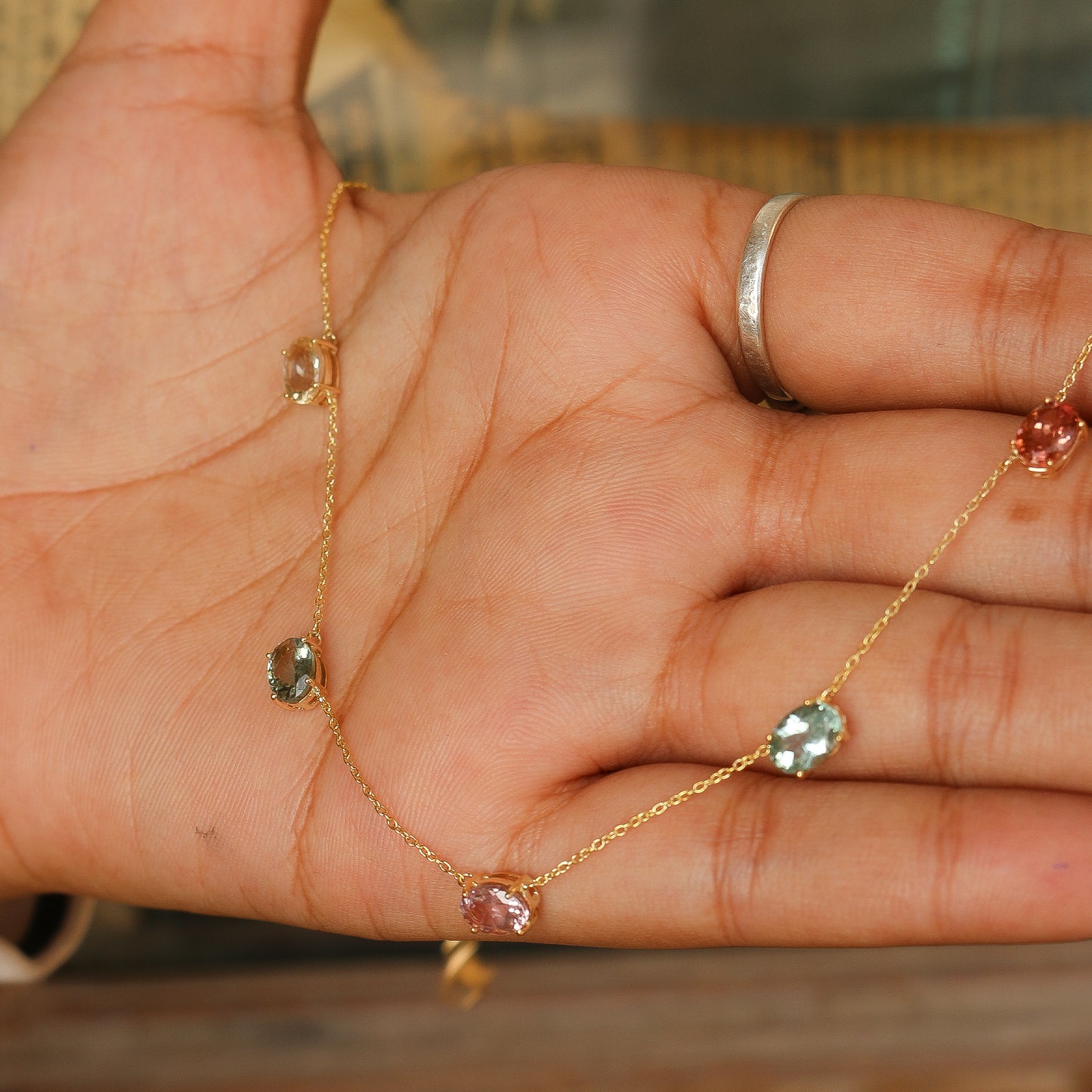 Rainbow Tourmaline Gemstone Station Necklace in 14K Gold