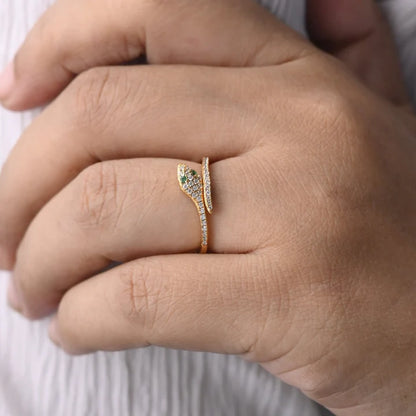 Yellow Gold Pave Diamond Snake Ring with Emerald Eyes