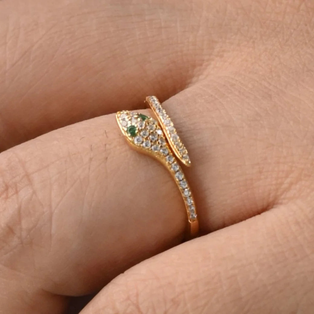 Yellow Gold Pave Diamond Snake Ring with Emerald Eyes