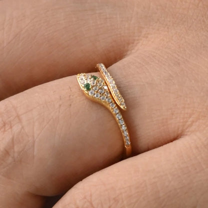 Yellow Gold Pave Diamond Snake Ring with Emerald Eyes
