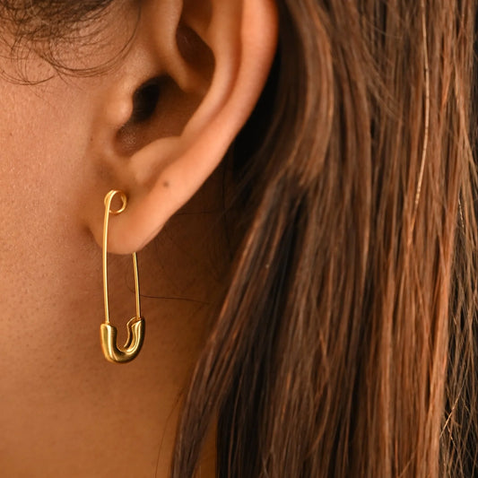 Yellow Gold Safety Pin Drop Earrings