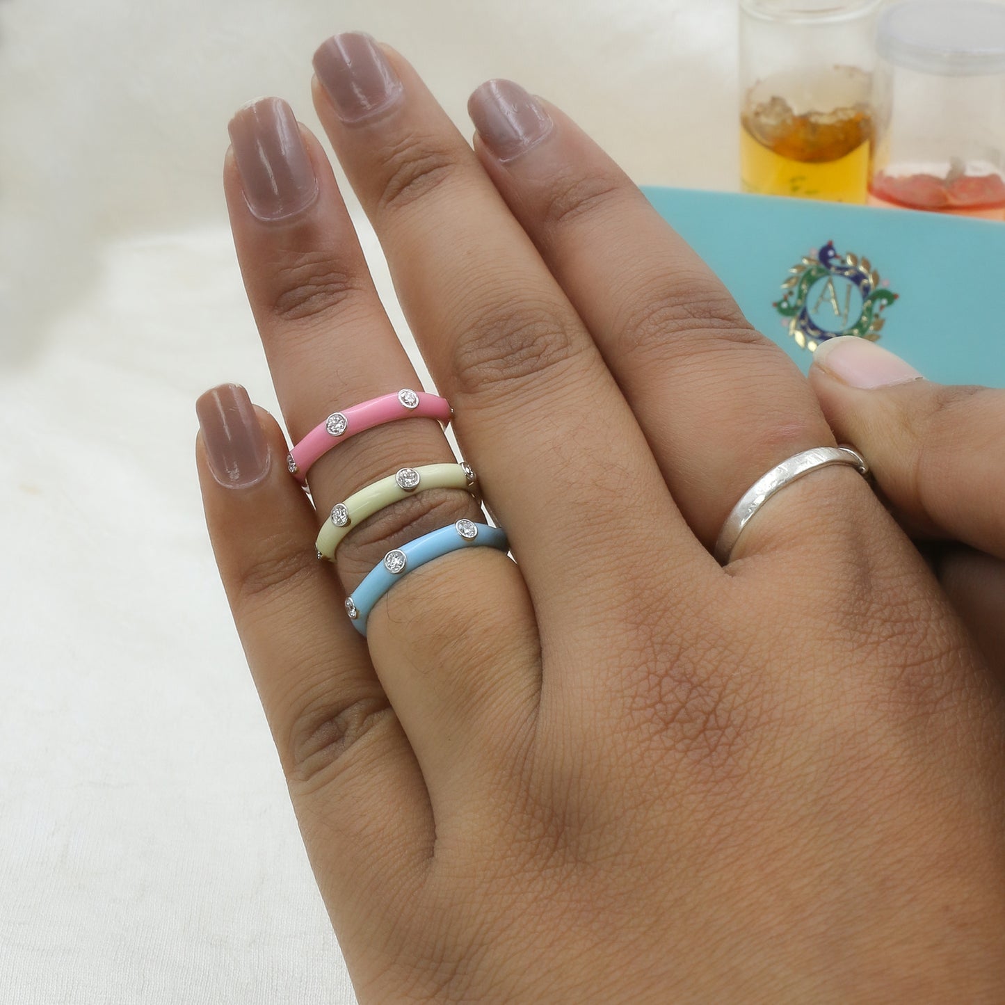 CVD Diamond Cream Enamel Gold Band Ring