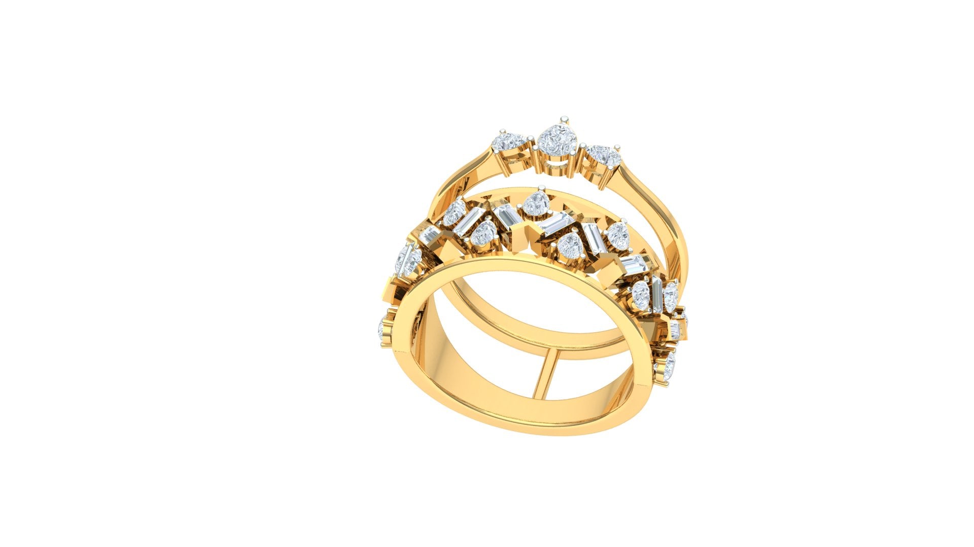 Gold ring with diamond accents on a white background